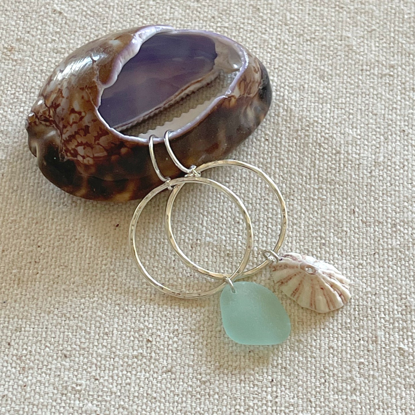 Sterling Silver Mismatched Hoop Earrings with Seafoam Seaglass and Shell Dangles