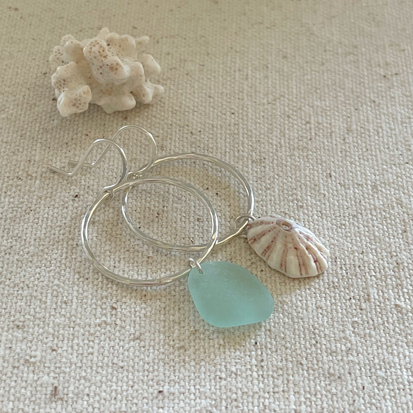 Sterling Silver Mismatched Hoop Earrings with Seafoam Seaglass and Shell Dangles