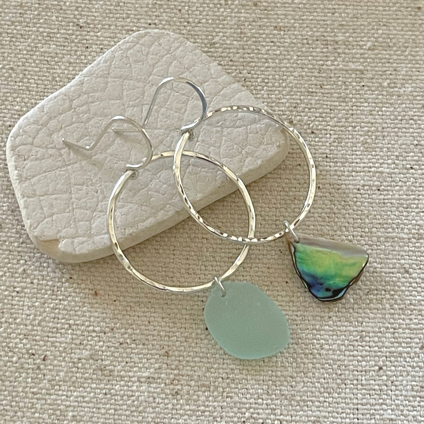 Sterling Silver Seaglass Abalone Shell Mismatched Hoop Earrings
