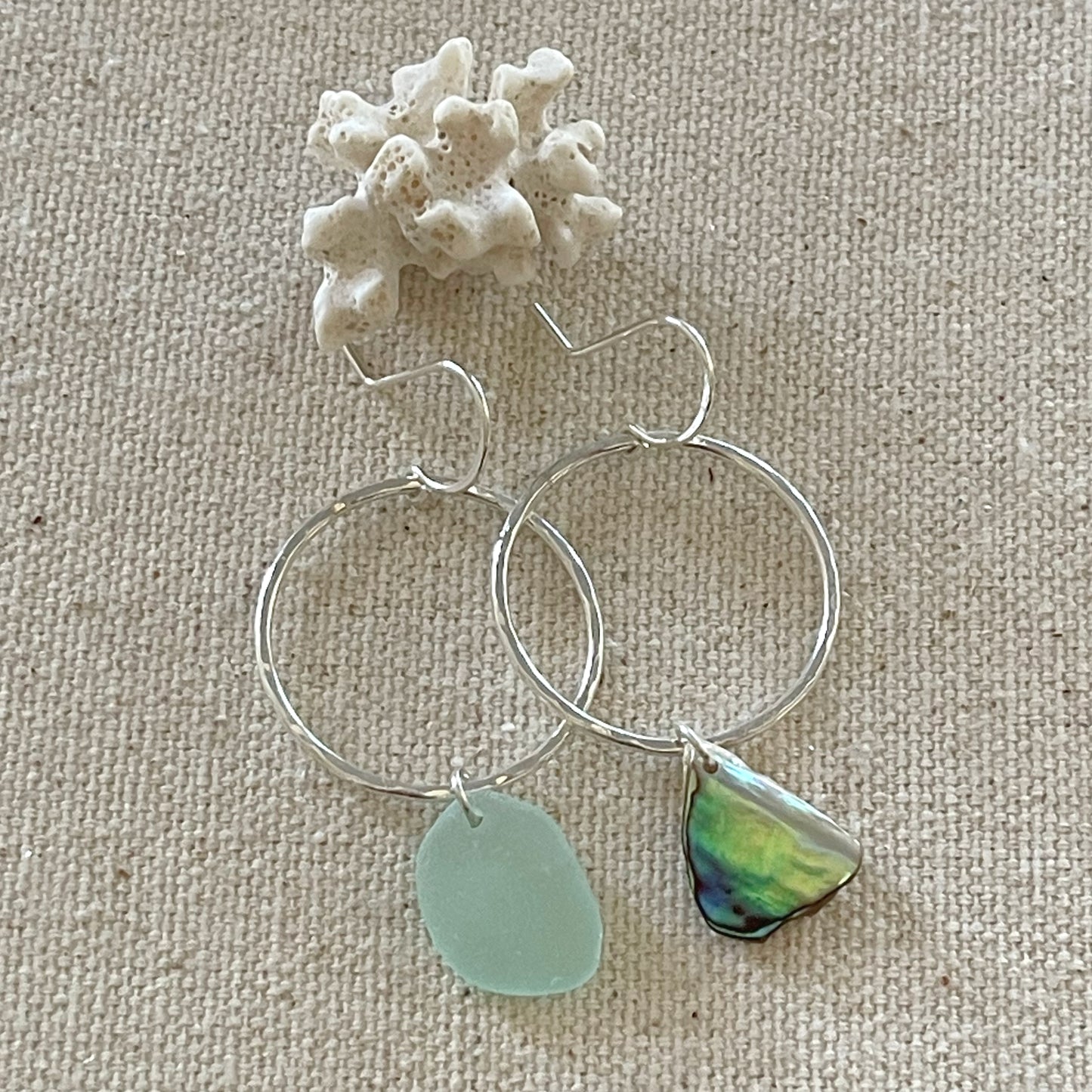 Sterling Silver Seaglass Abalone Shell Mismatched Hoop Earrings