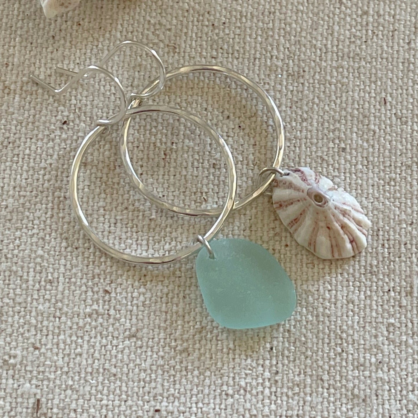 Sterling Silver Mismatched Hoop Earrings with Seafoam Seaglass and Shell Dangles