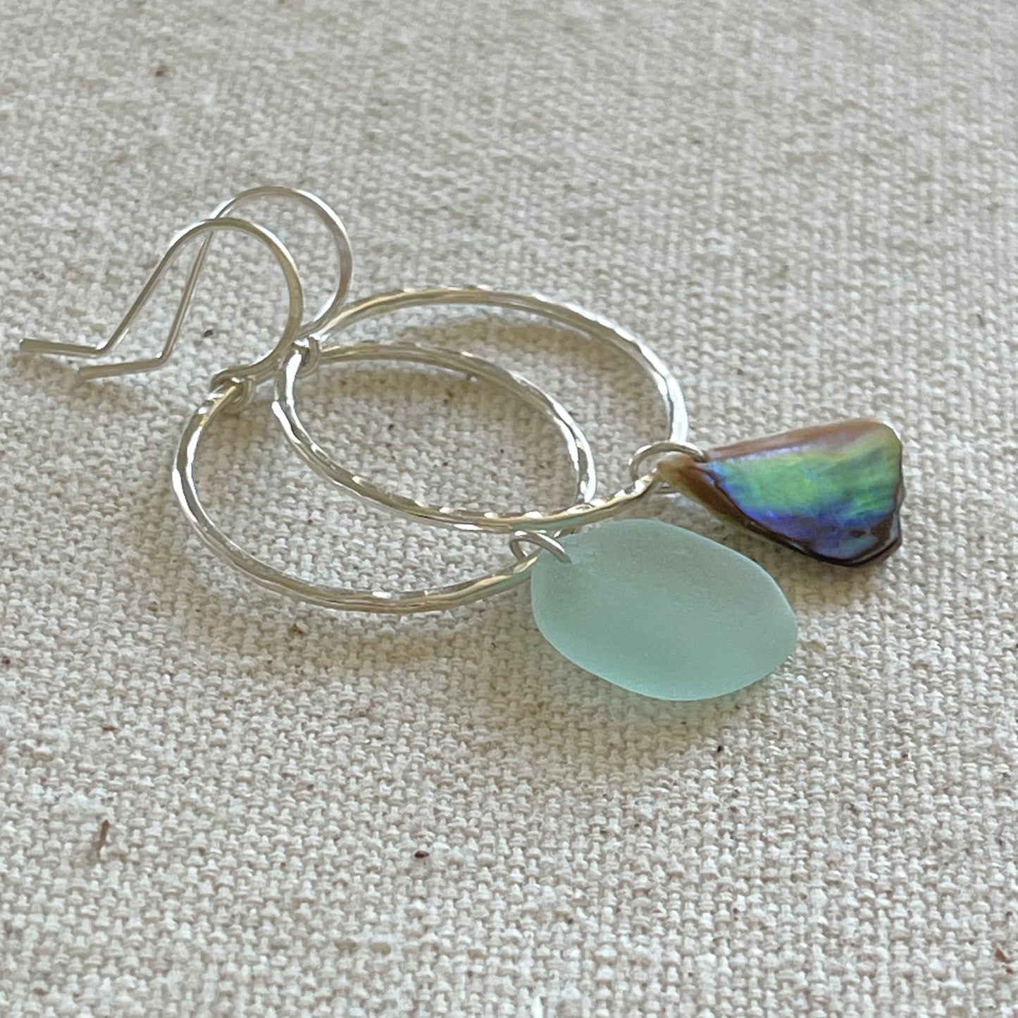 Sterling Silver Seaglass Abalone Shell Mismatched Hoop Earrings