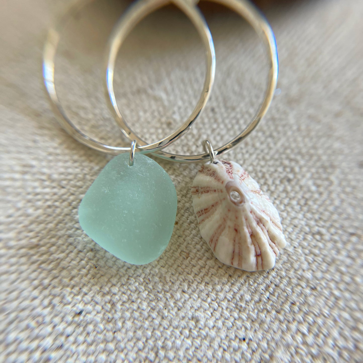 Sterling Silver Mismatched Hoop Earrings with Seafoam Seaglass and Shell Dangles