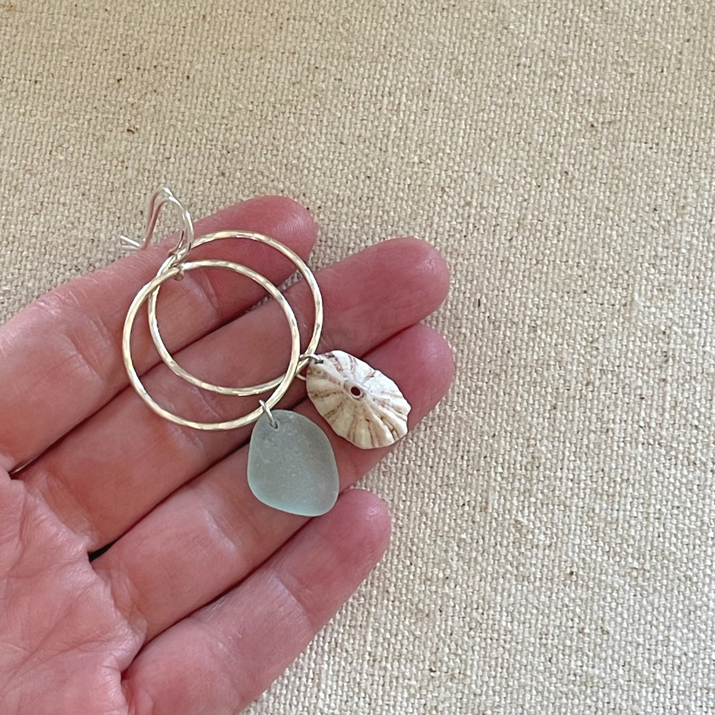 Sterling Silver Mismatched Hoop Earrings with Seafoam Seaglass and Shell Dangles