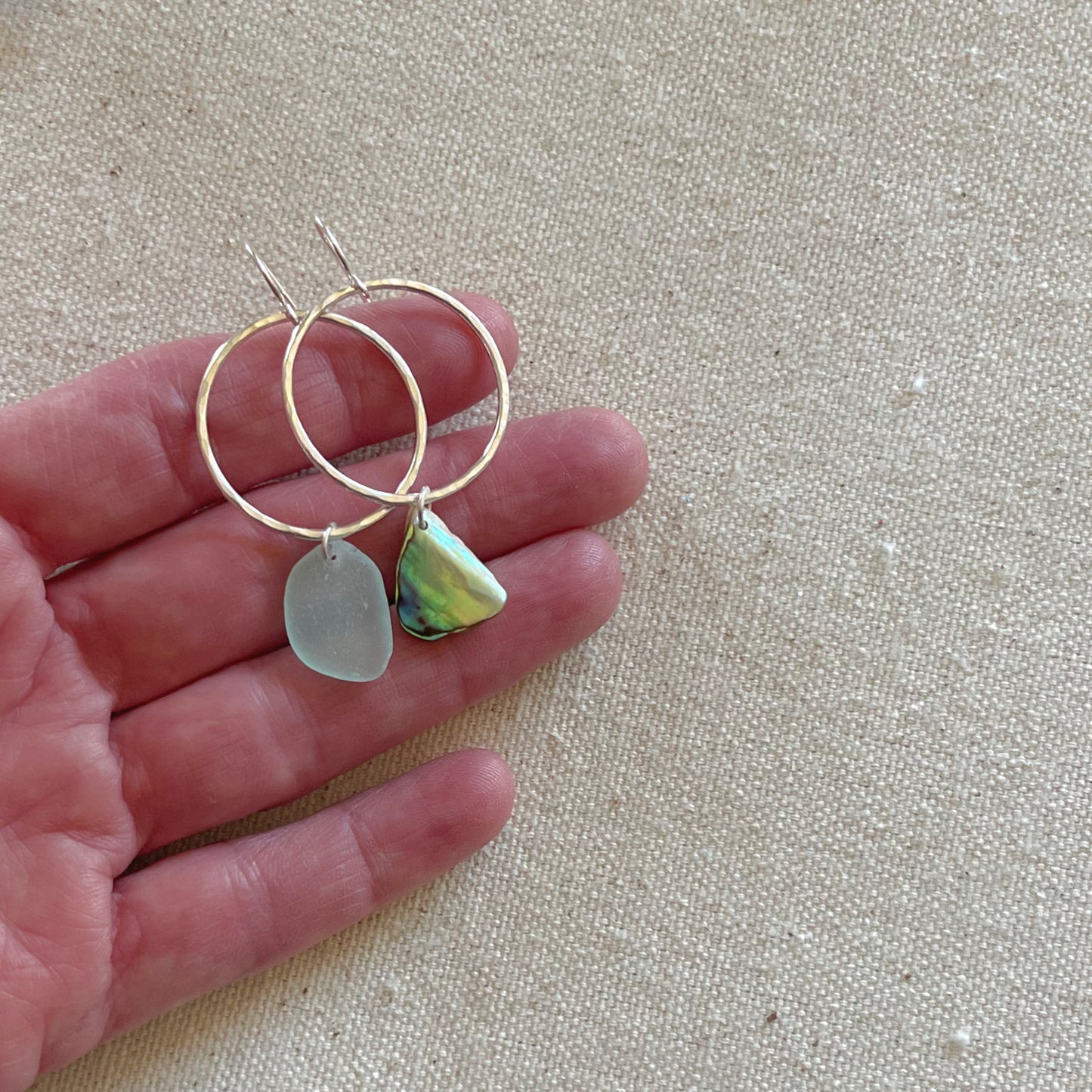 Sterling Silver Seaglass Abalone Shell Mismatched Hoop Earrings