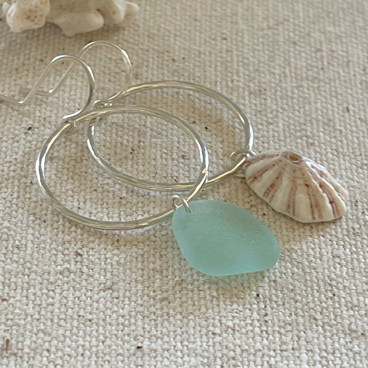 Sterling Silver Mismatched Hoop Earrings with Seafoam Seaglass and Shell Dangles