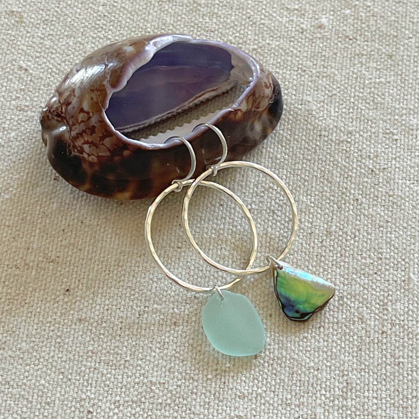 Sterling Silver Seaglass Abalone Shell Mismatched Hoop Earrings