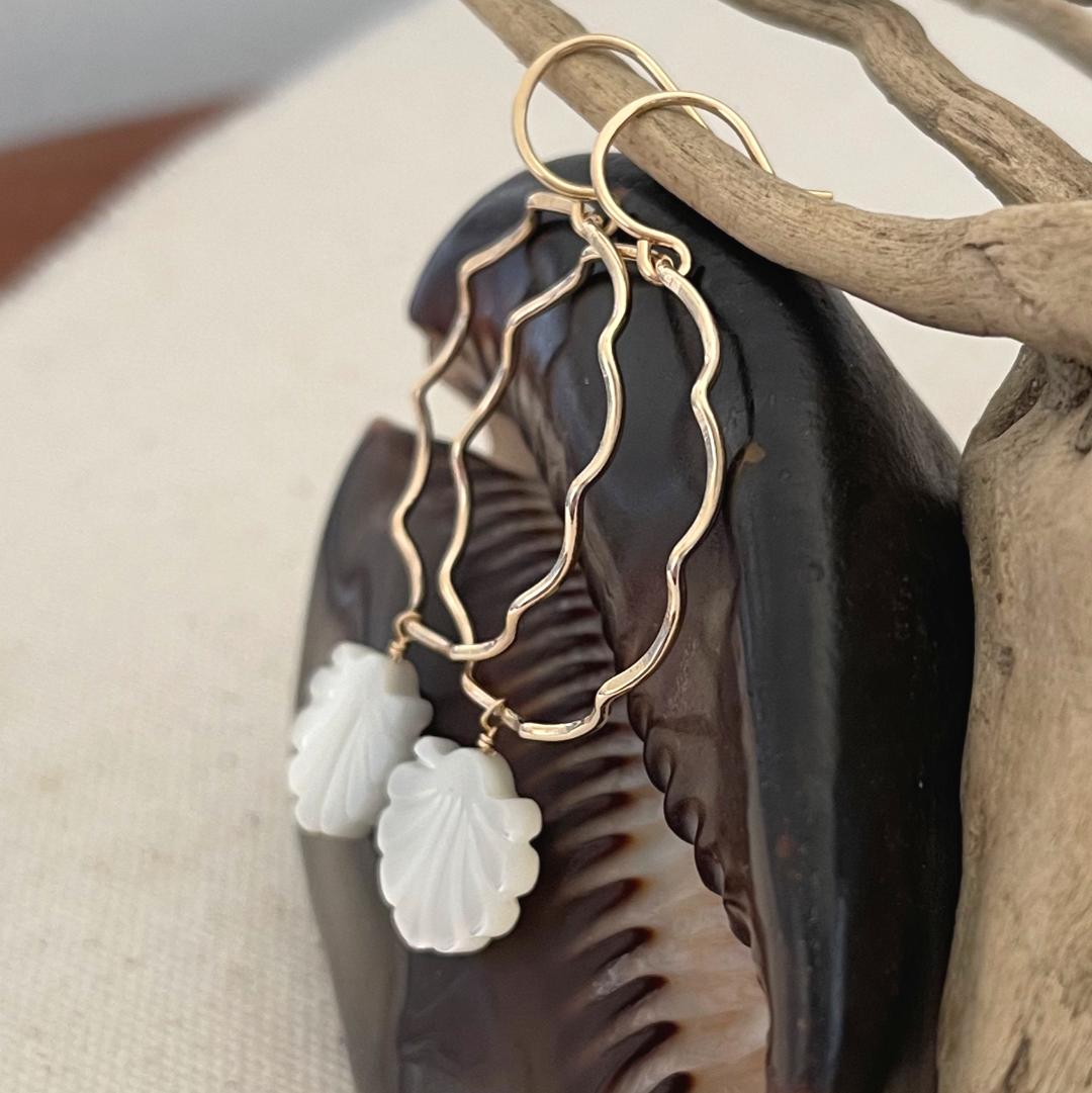 Gold Scallop Hoop Earrings with Mother of Pearl Shell Dangles