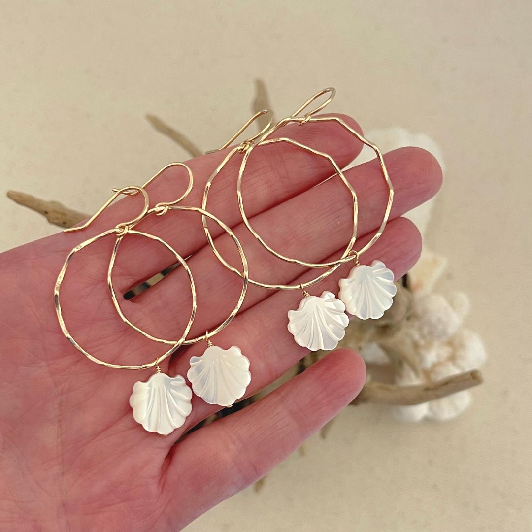 Gold Scallop Hoop Earrings with Mother of Pearl Shell Dangles