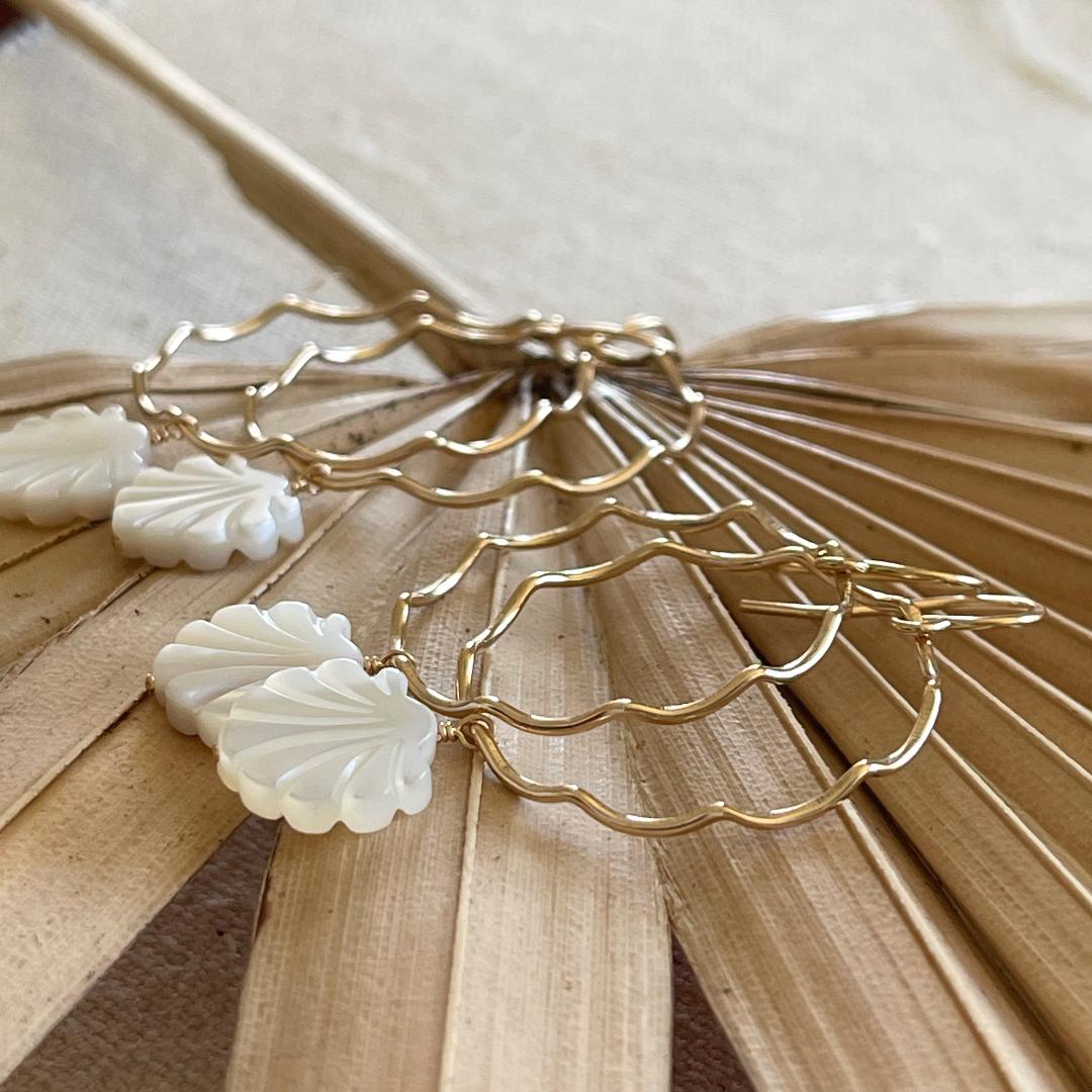 Gold Scallop Hoop Earrings with Mother of Pearl Shell Dangles