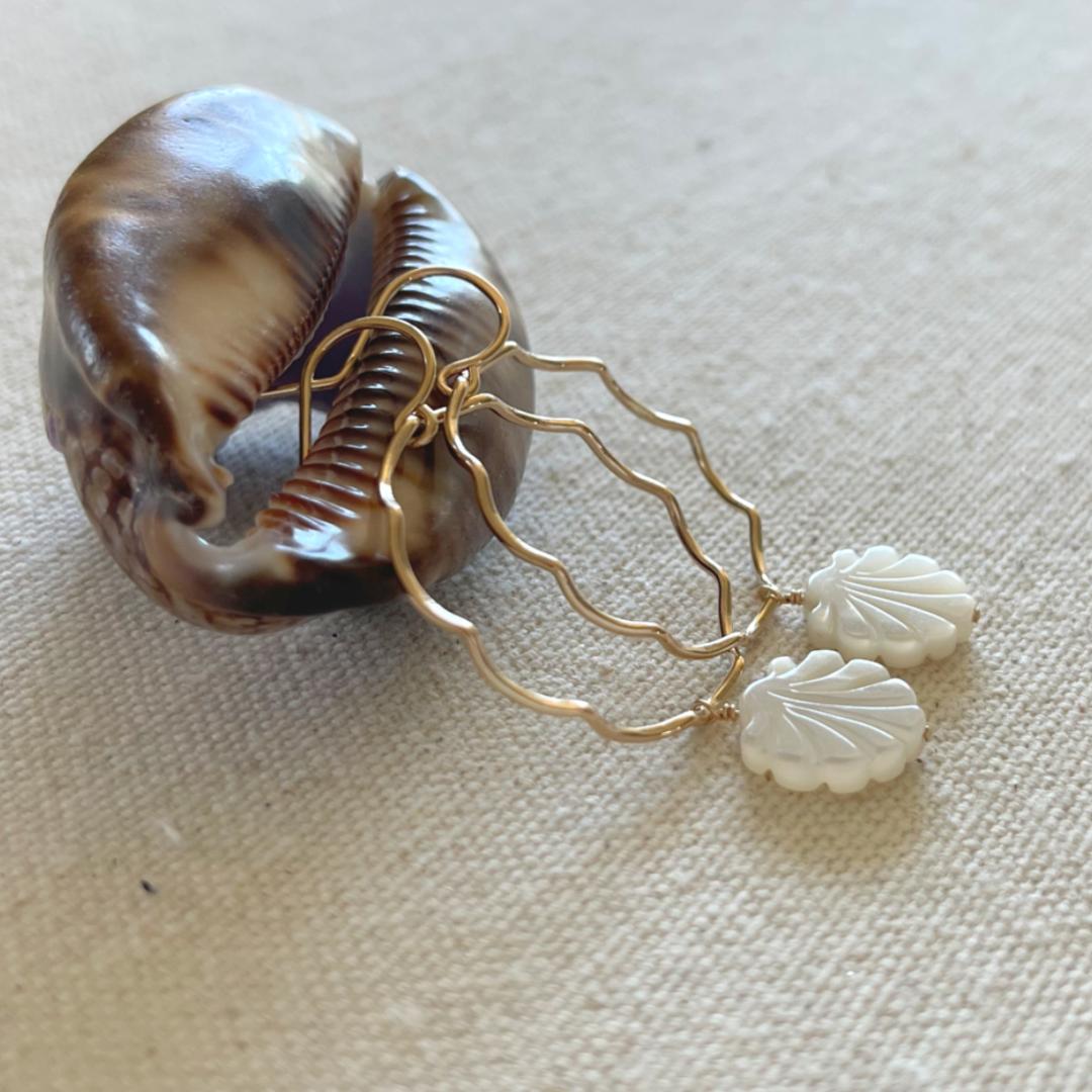 Gold Scallop Hoop Earrings with Mother of Pearl Shell Dangles