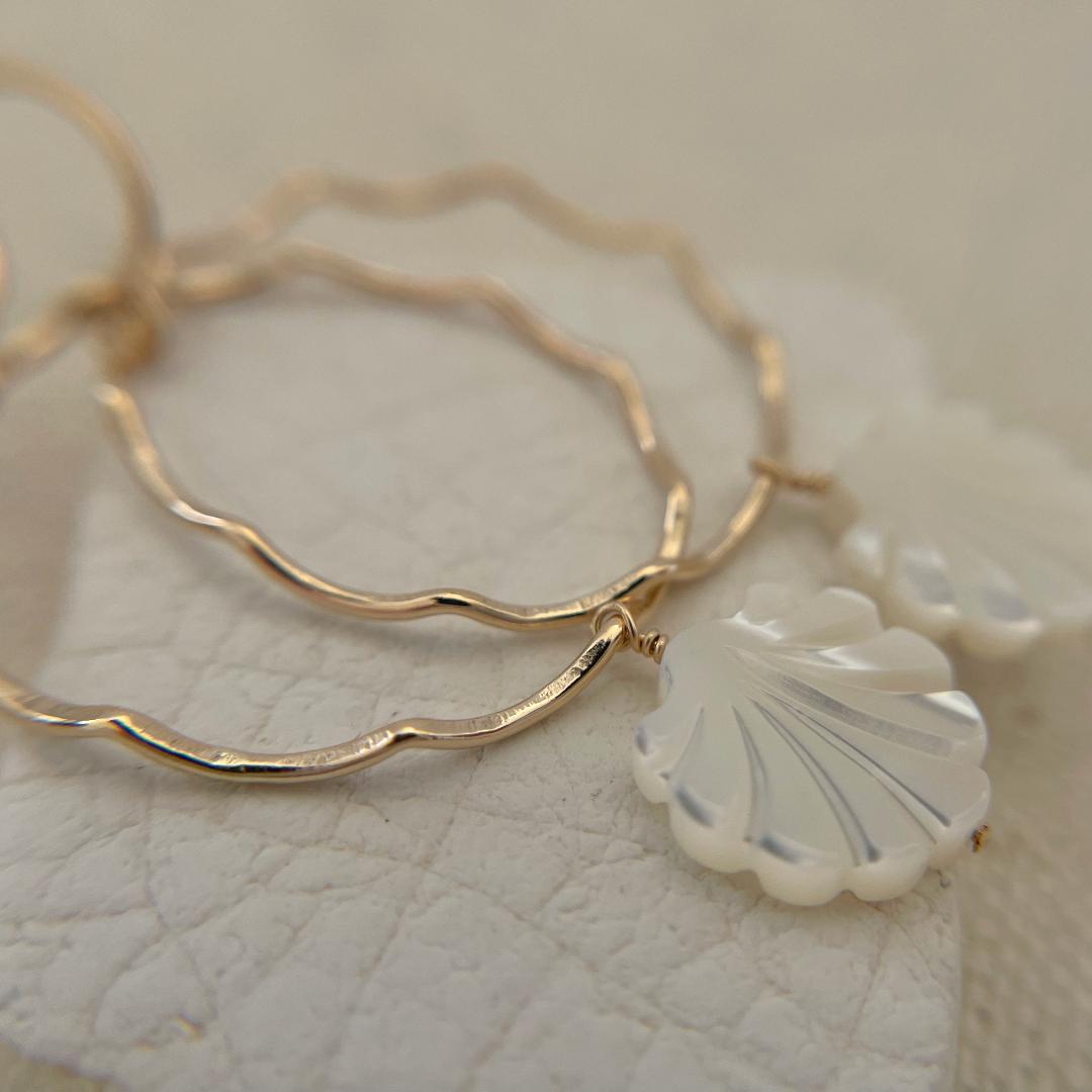 Gold Scallop Hoop Earrings with Mother of Pearl Shell Dangles