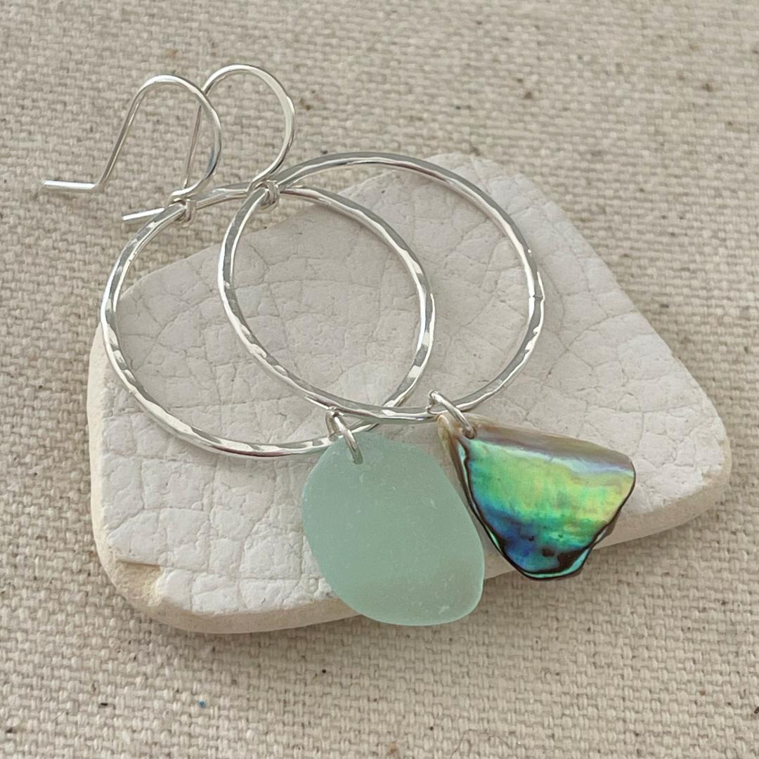 Sterling Silver Seaglass Abalone Shell Mismatched Hoop Earrings