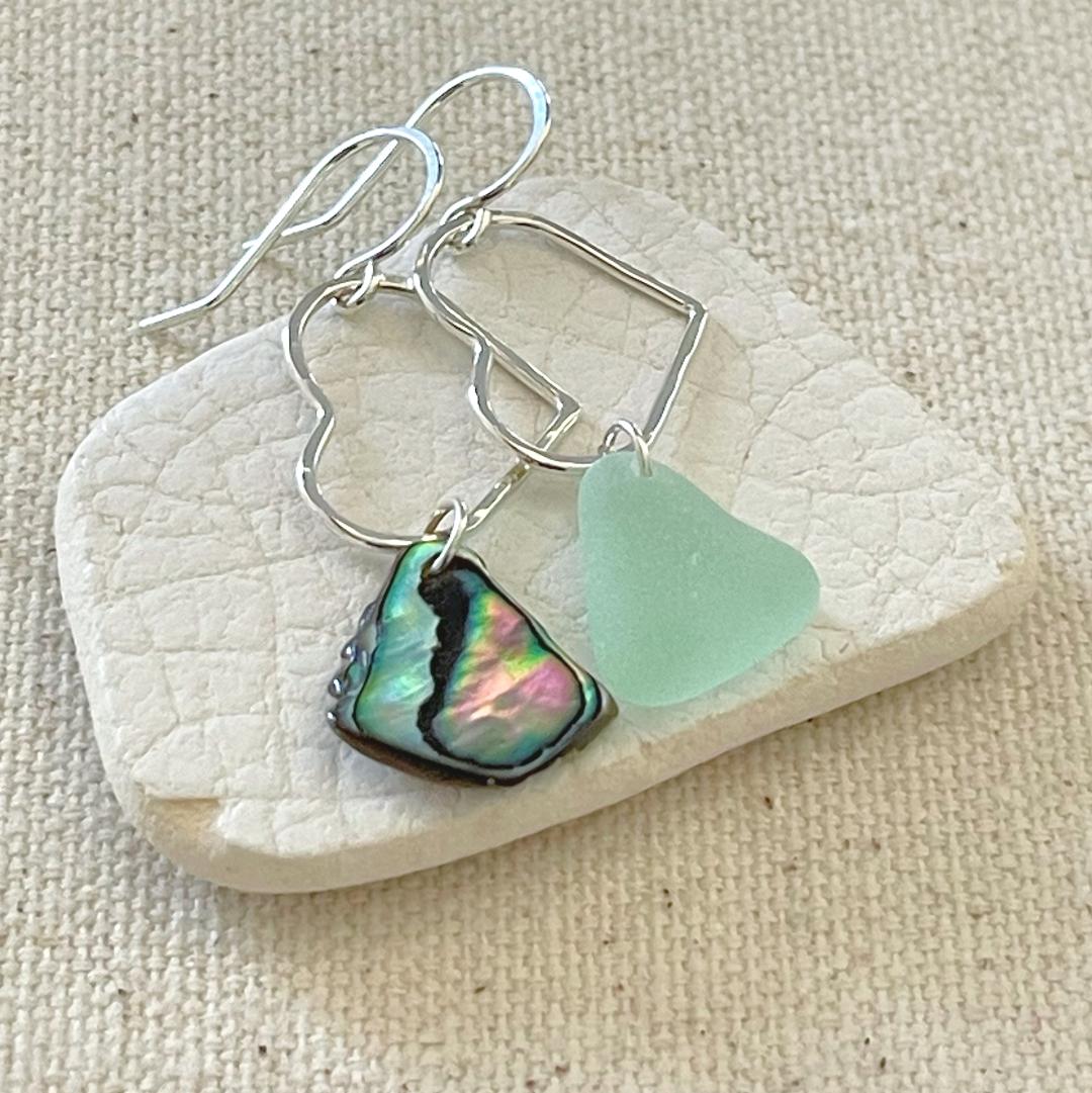 Small Mismatched Heart Earrings - Abalone Shell and Seafoam Seaglass