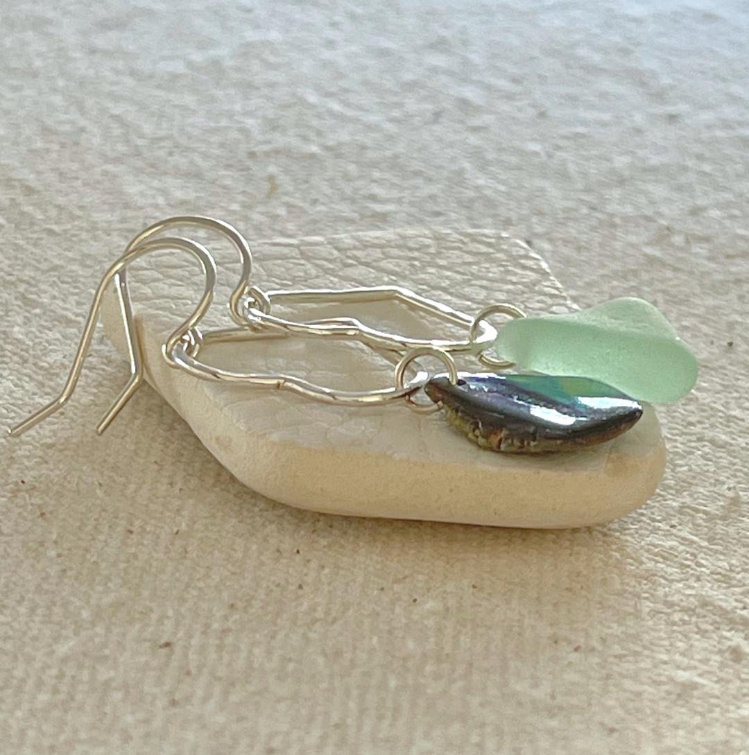 Small Mismatched Heart Earrings - Abalone Shell and Seafoam Seaglass