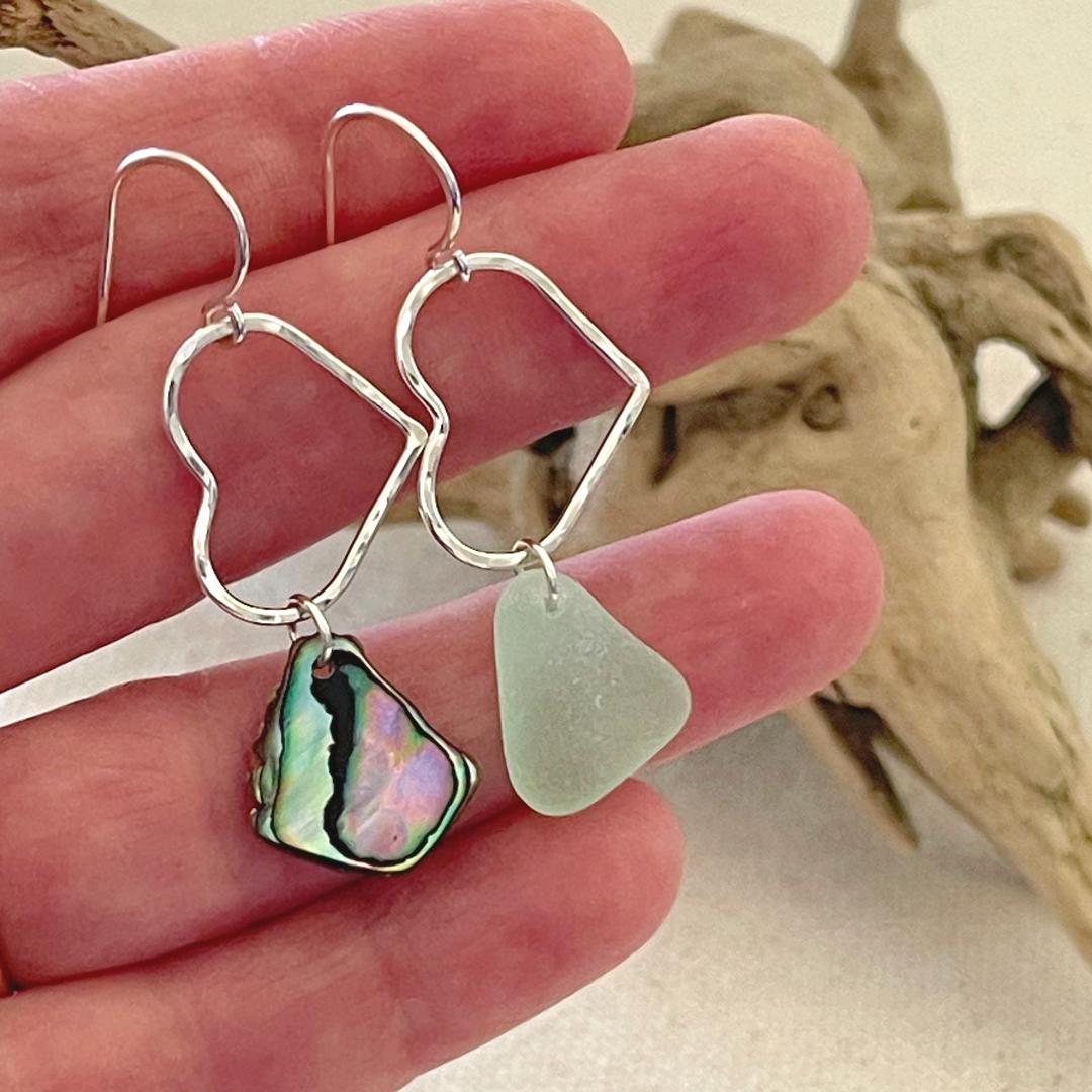 Small Mismatched Heart Earrings - Abalone Shell and Seafoam Seaglass