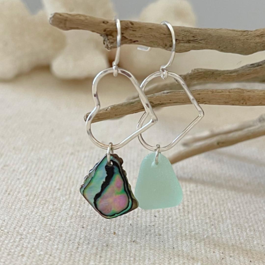 Small Mismatched Heart Earrings - Abalone Shell and Seafoam Seaglass