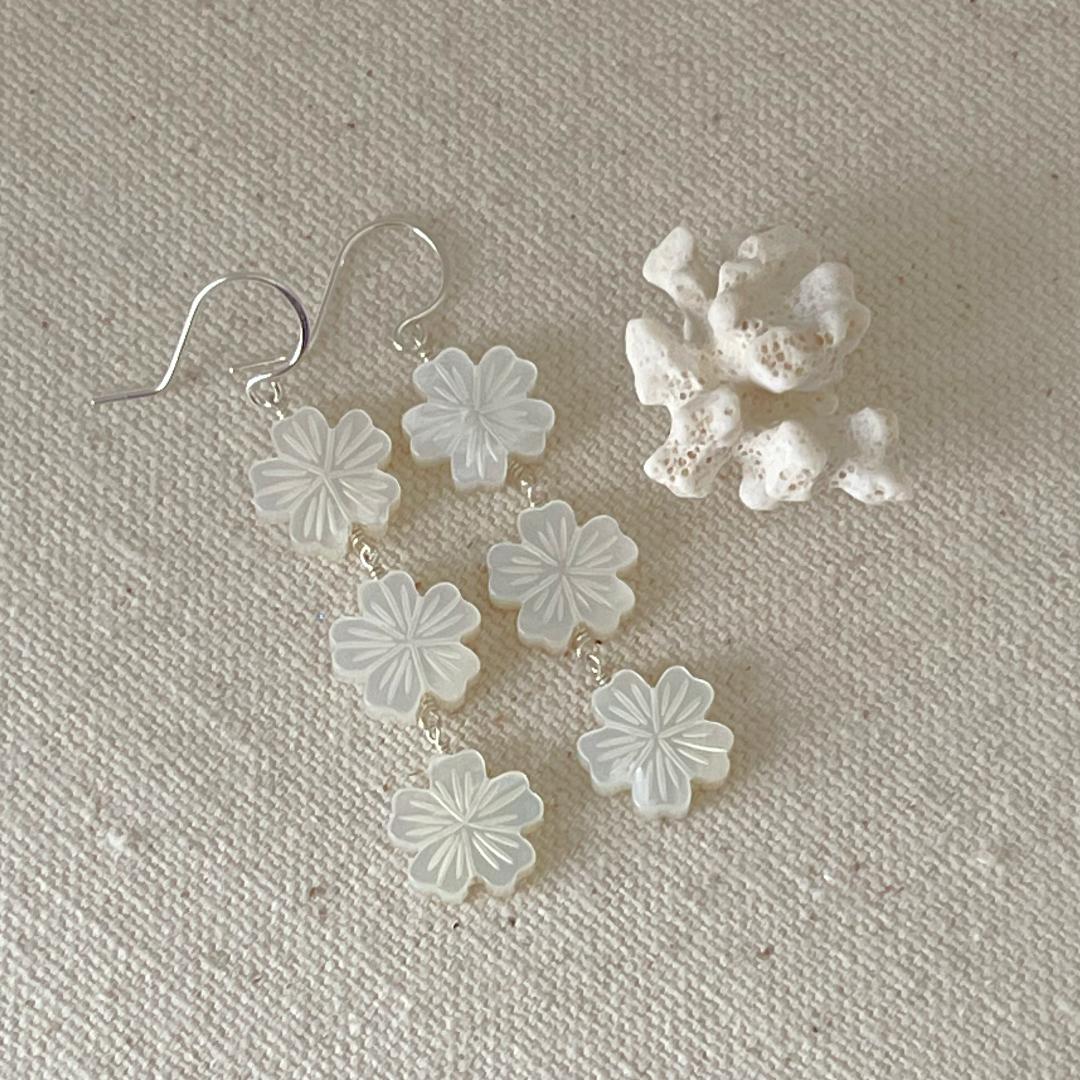 Long Tropical Mother of Pearl Flower Dangle Earrings