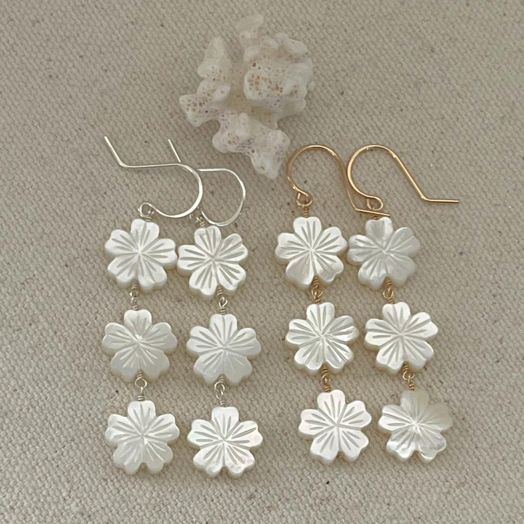Long Tropical Mother of Pearl Flower Dangle Earrings