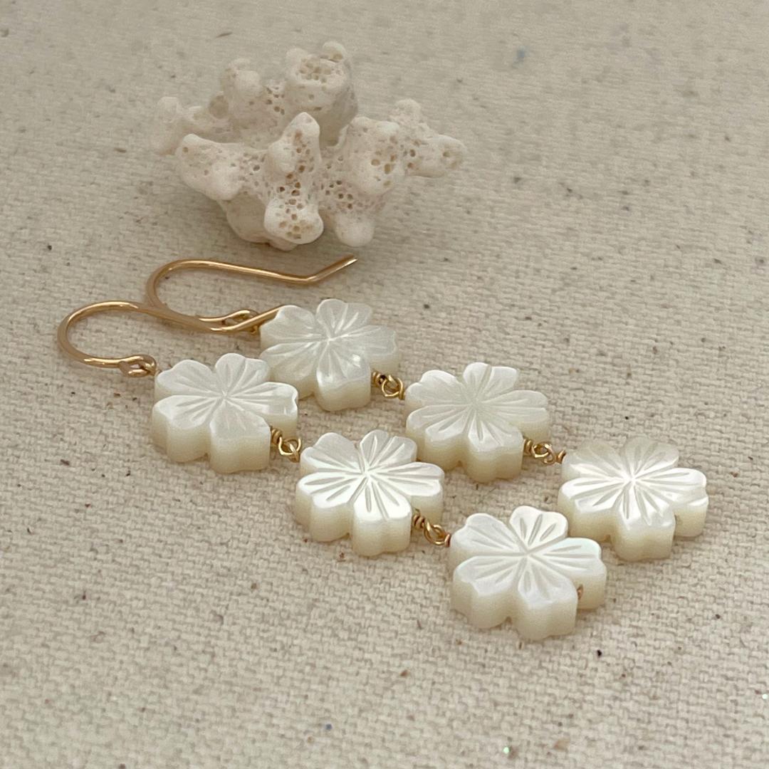Long Tropical Mother of Pearl Flower Dangle Earrings