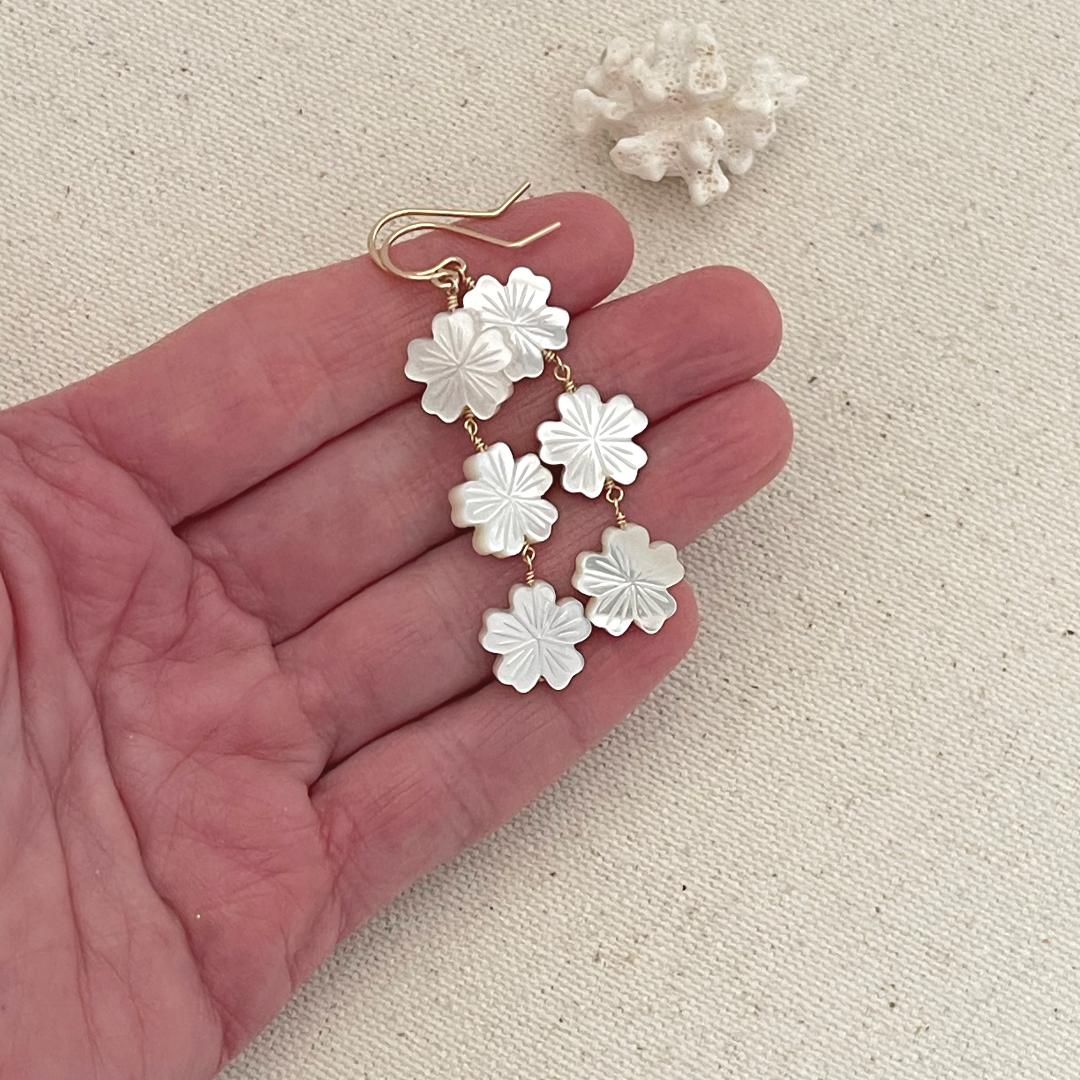 Long Tropical Mother of Pearl Flower Dangle Earrings