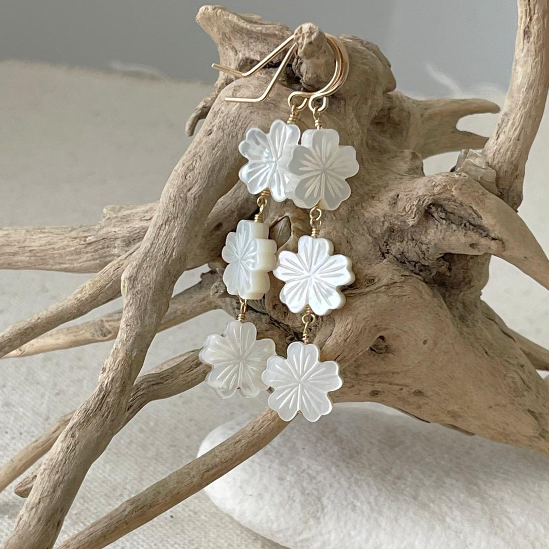 Long Tropical Mother of Pearl Flower Dangle Earrings