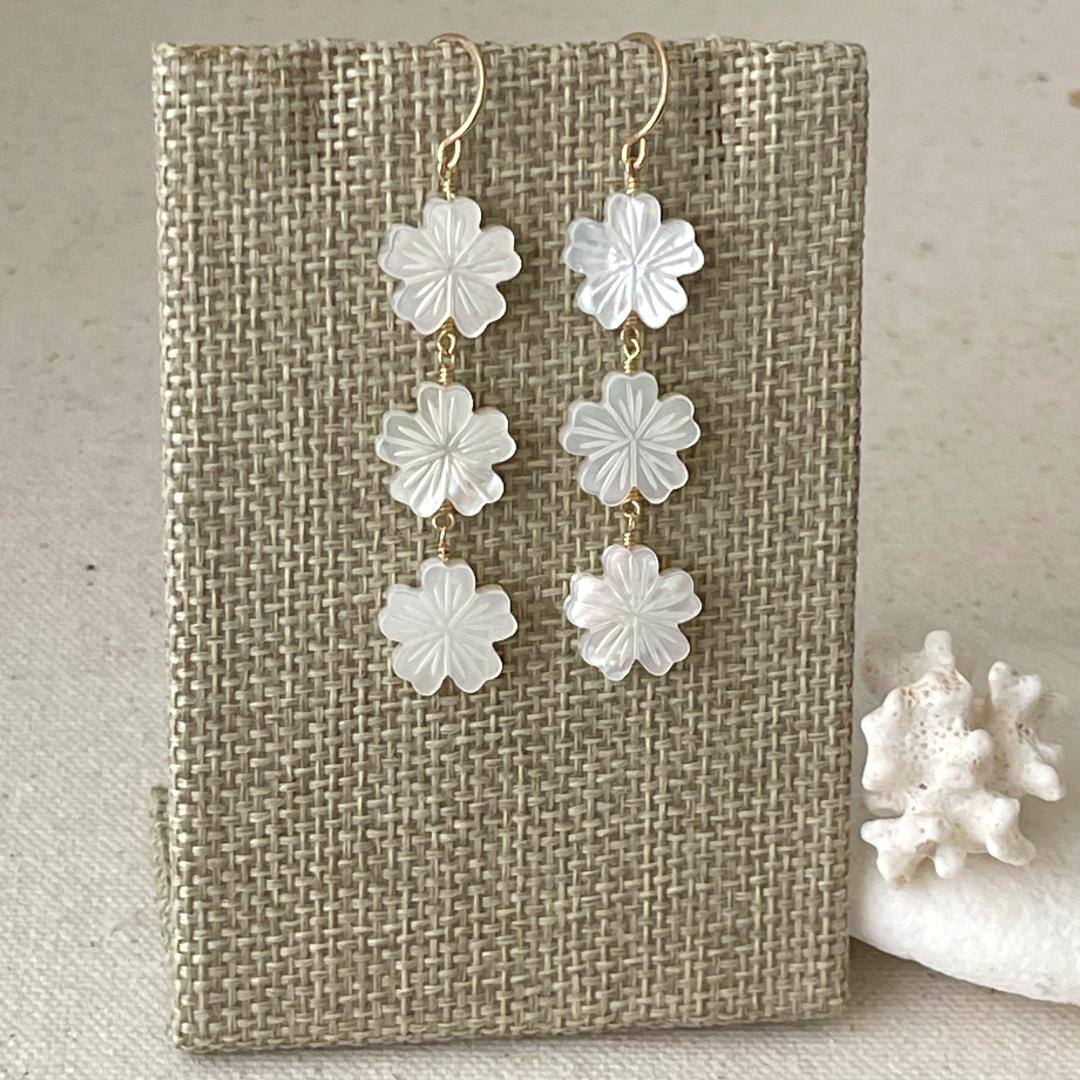 Long Tropical Mother of Pearl Flower Dangle Earrings