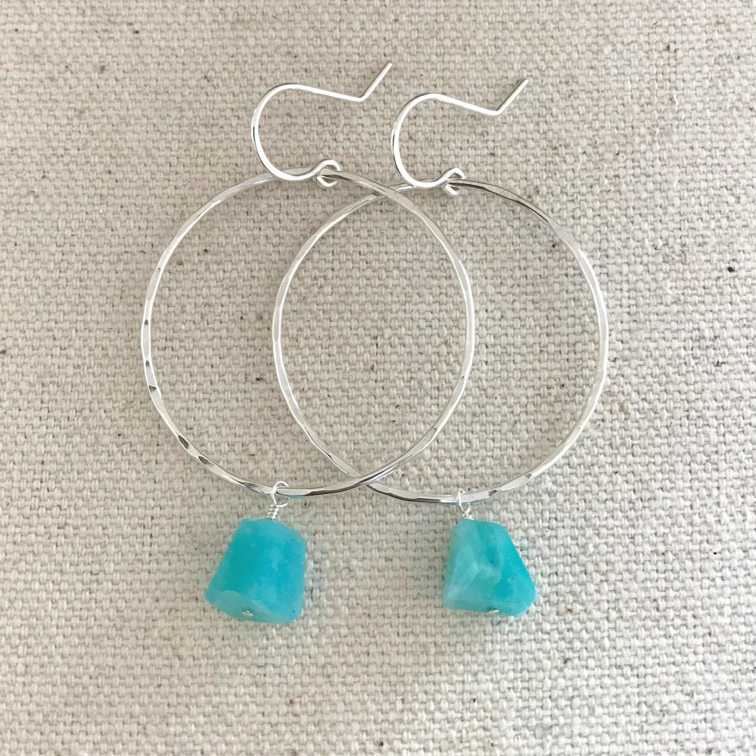 Handmade Boho Circle Hoop Earrings with Freeform Cut Amazonite Gemstone Dangles