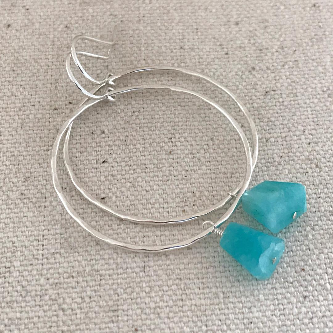 Handmade Boho Circle Hoop Earrings with Freeform Cut Amazonite Gemstone Dangles