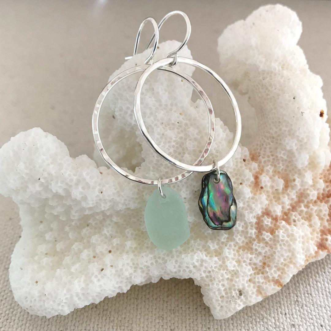 Sterling Silver Mismatched Sea Glass and Abalone Hoop Earrings #1
