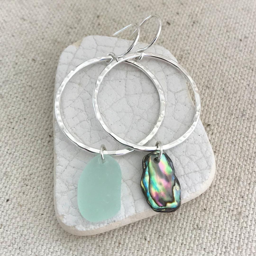Sterling Silver Mismatched Sea Glass and Abalone Hoop Earrings #1