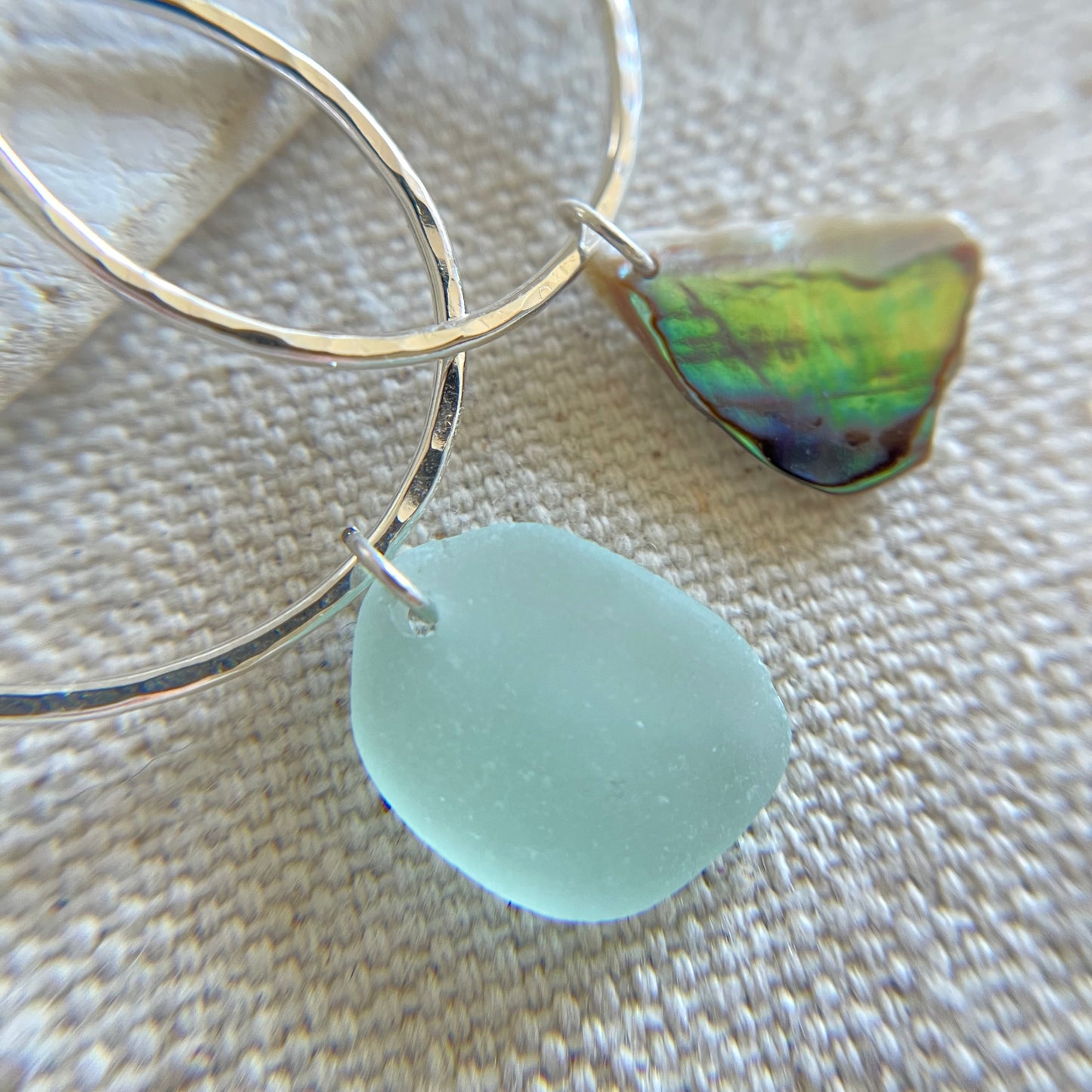 Sterling Silver Seaglass Abalone Shell Mismatched Hoop Earrings