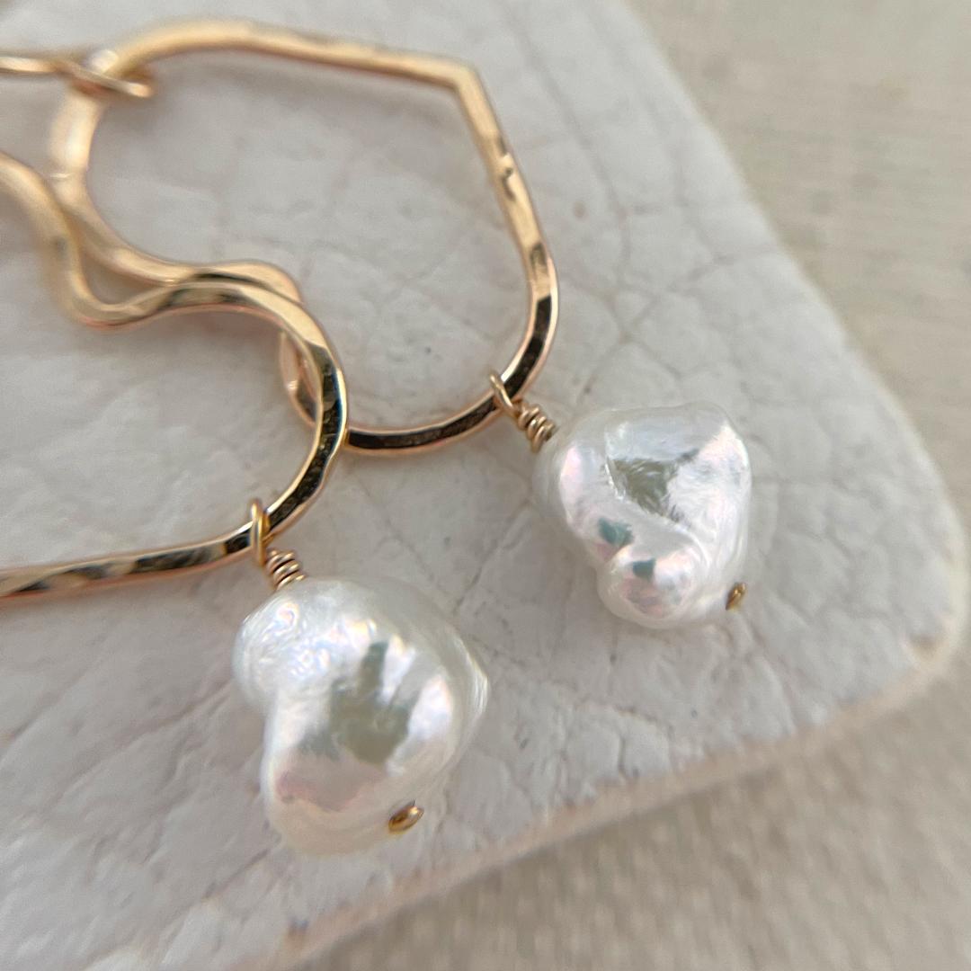 Heart Hoop Earrings with Keishi Pearl Dangles