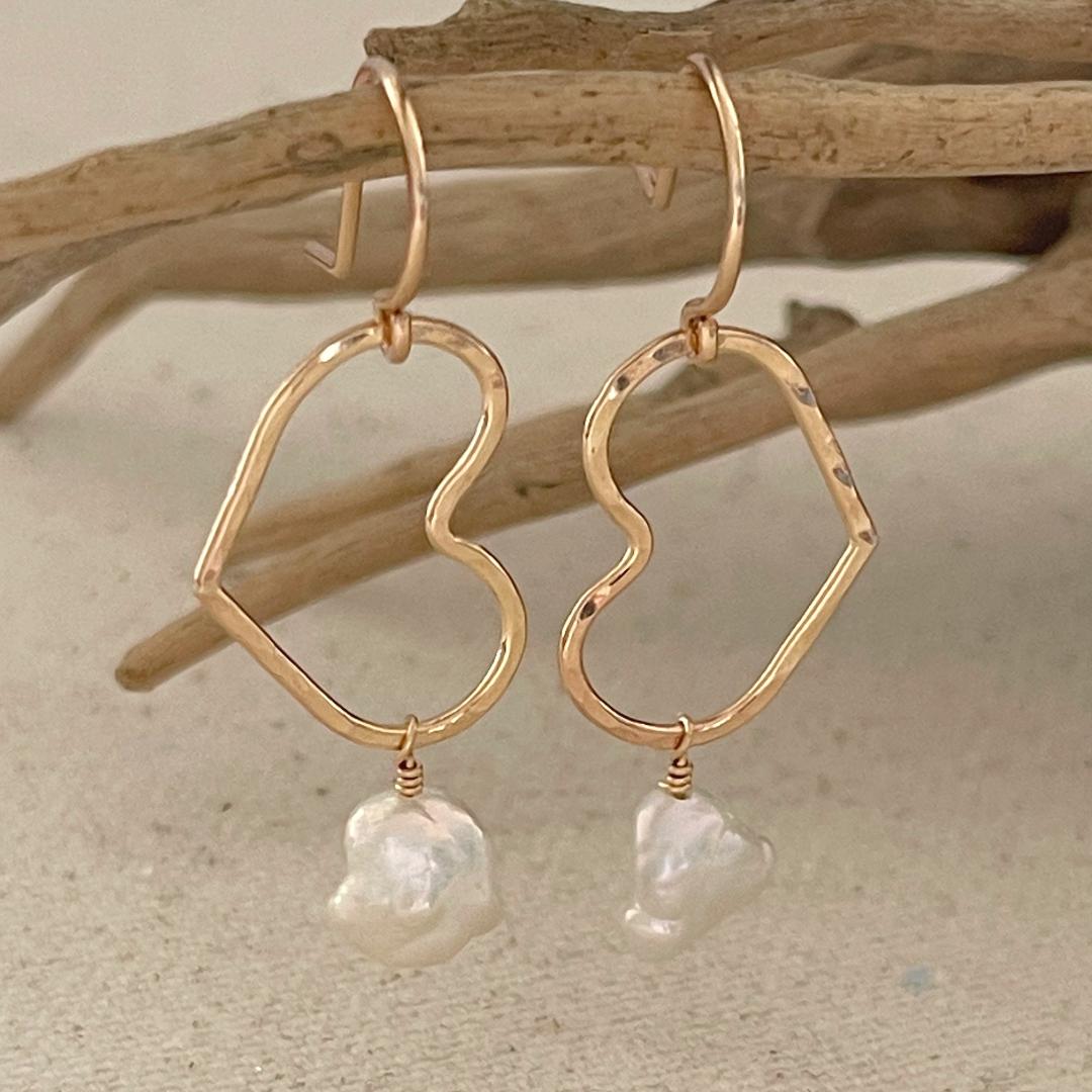 Heart Hoop Earrings with Keishi Pearl Dangles