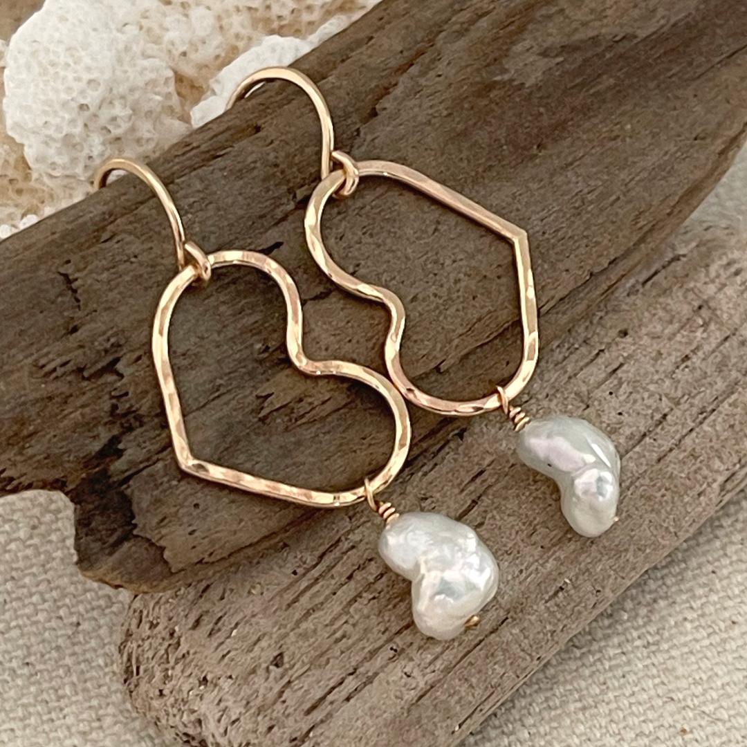 Heart Hoop Earrings with Keishi Pearl Dangles