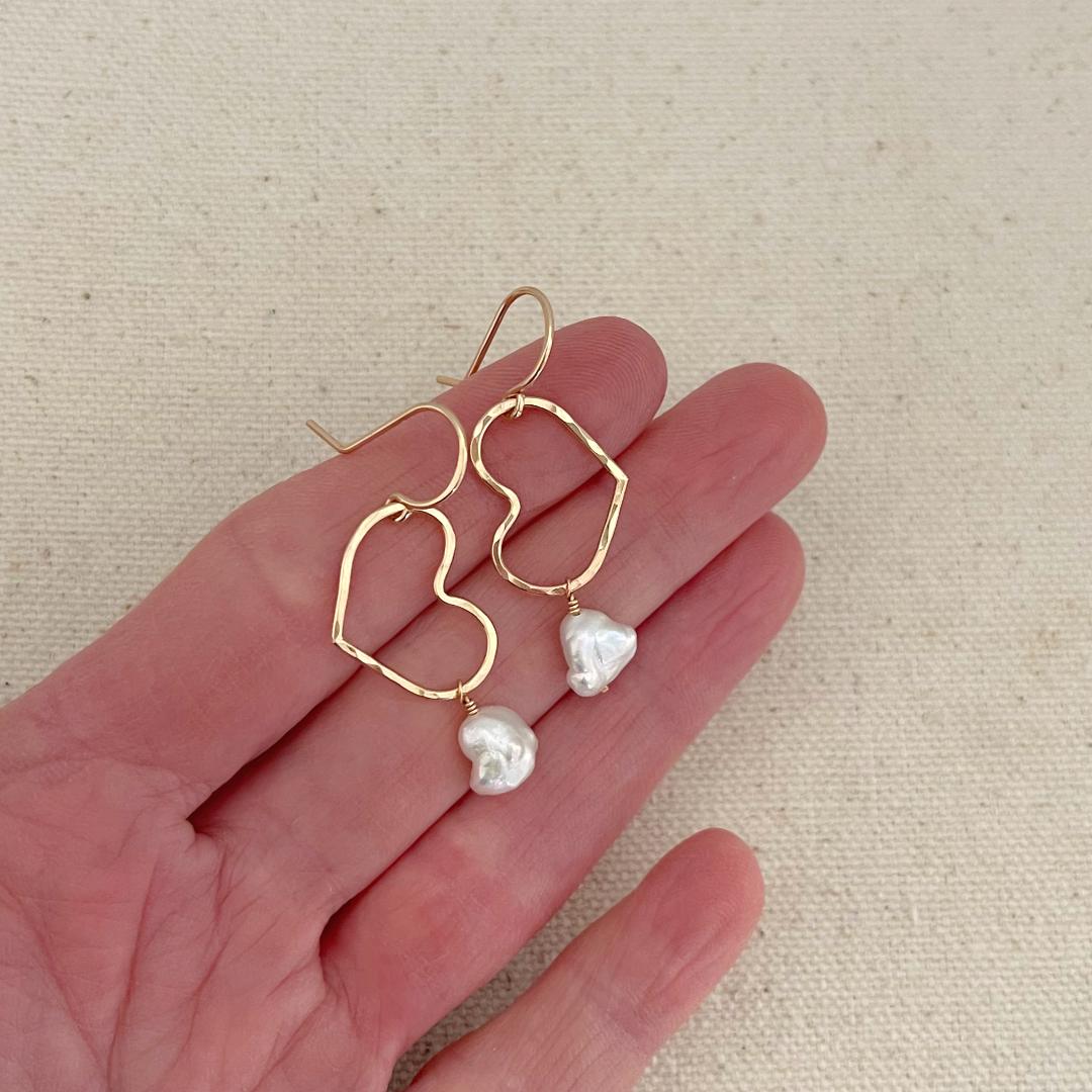 Heart Hoop Earrings with Keishi Pearl Dangles