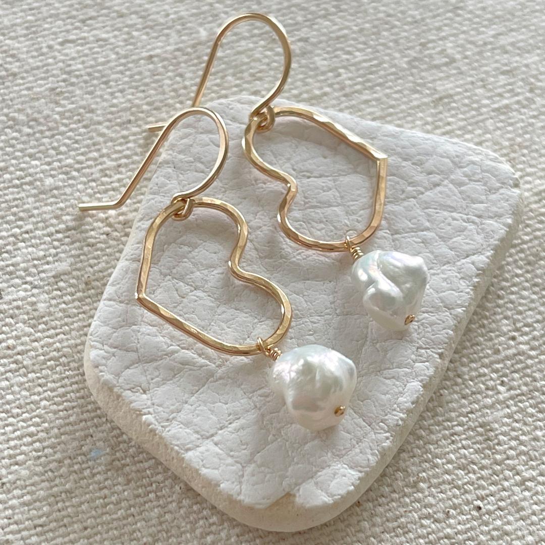 Heart Hoop Earrings with Keishi Pearl Dangles