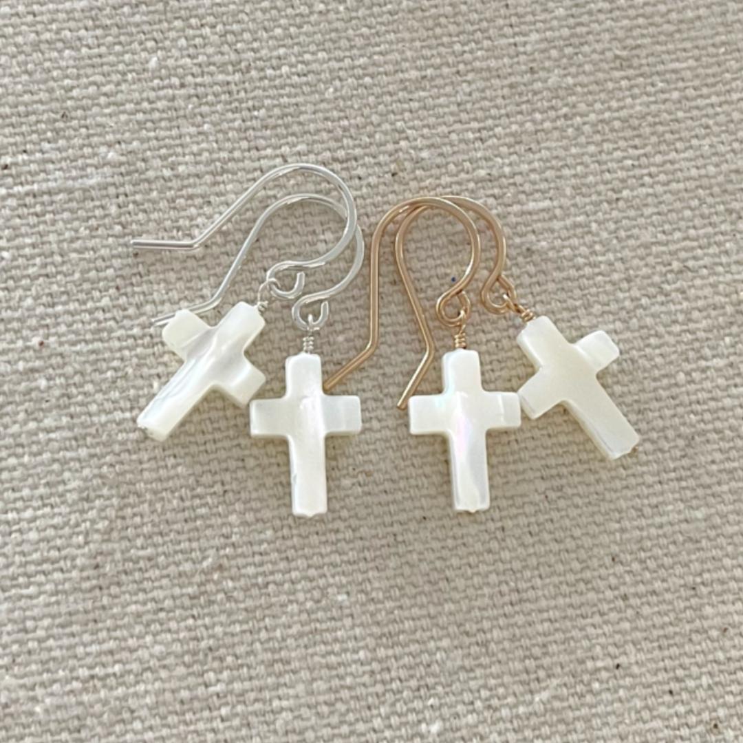 Mother of Pearl Cross Dangle Earrings