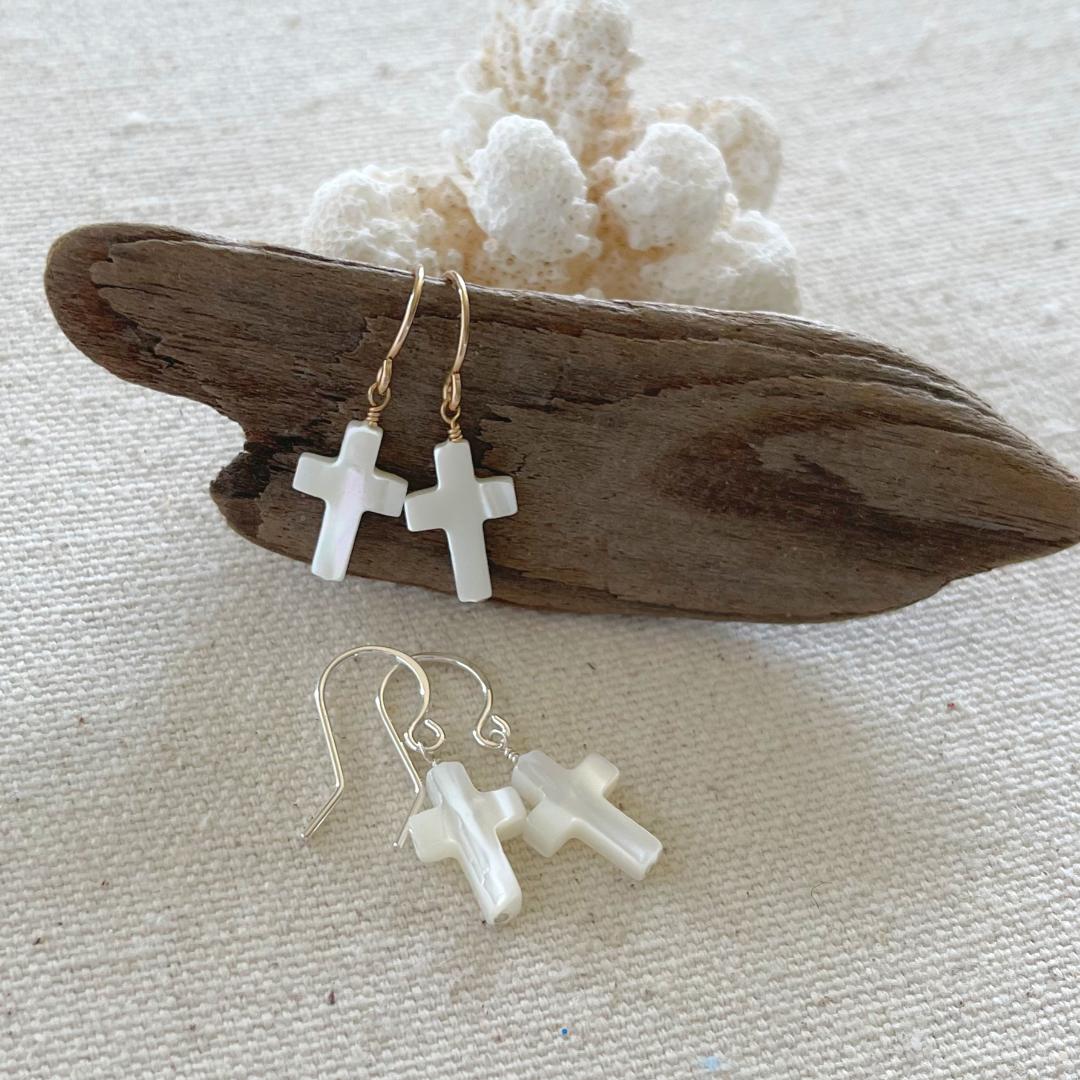 Mother of Pearl Cross Dangle Earrings