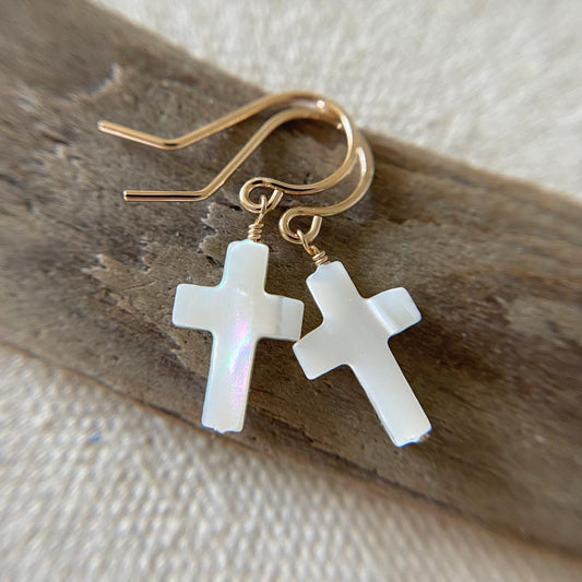 Mother of Pearl Cross Dangle Earrings