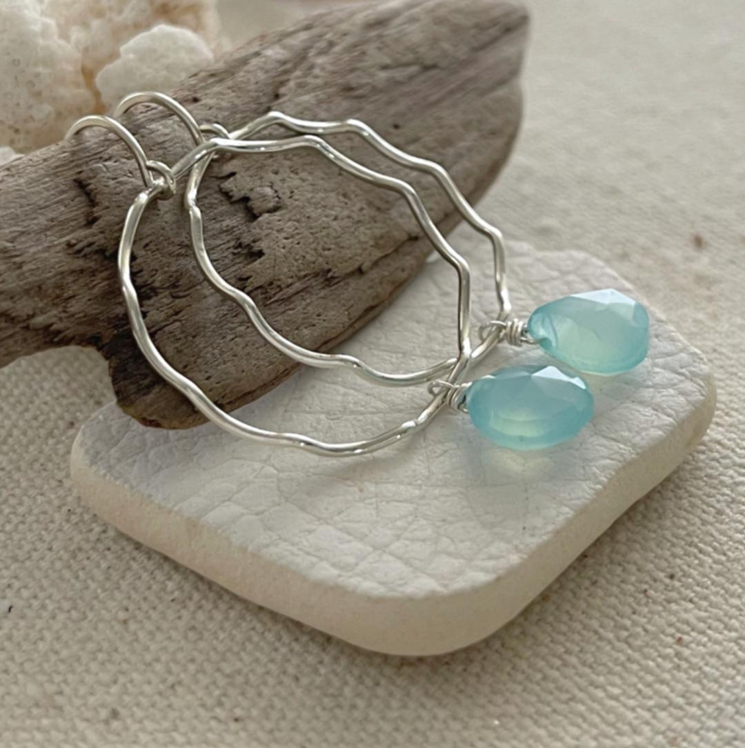 Scallop Hoop Earrings with Aqua Chalcedony Dangles