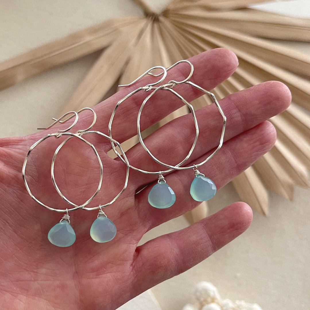 Scallop Hoop Earrings with Aqua Chalcedony Dangles