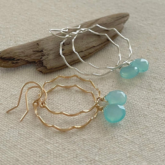 Scallop Hoop Earrings with Aqua Chalcedony Dangles