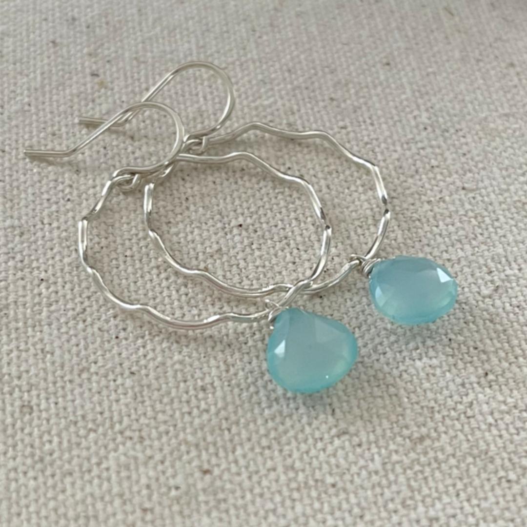 Scallop Hoop Earrings with Aqua Chalcedony Dangles