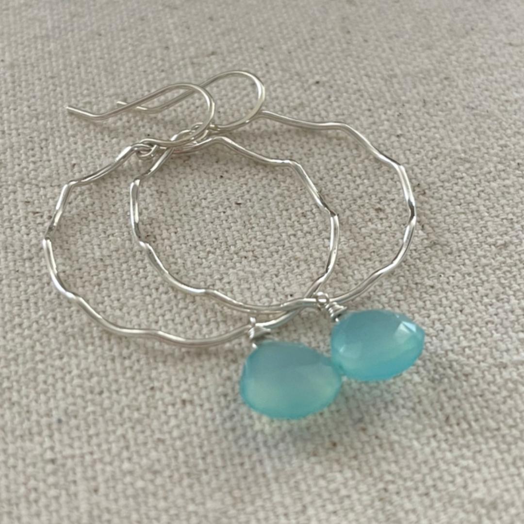 Scallop Hoop Earrings with Aqua Chalcedony Dangles