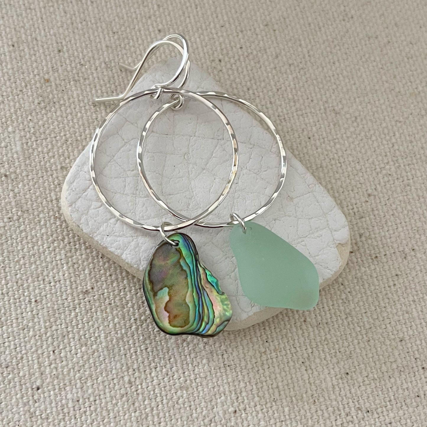 Sterling Silver Seaglass Abalone Shell Mismatched Hoop Earrings