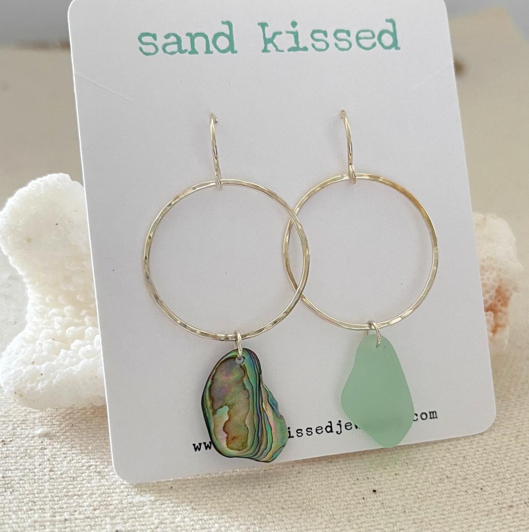 Sterling Silver Seaglass Abalone Shell Mismatched Hoop Earrings