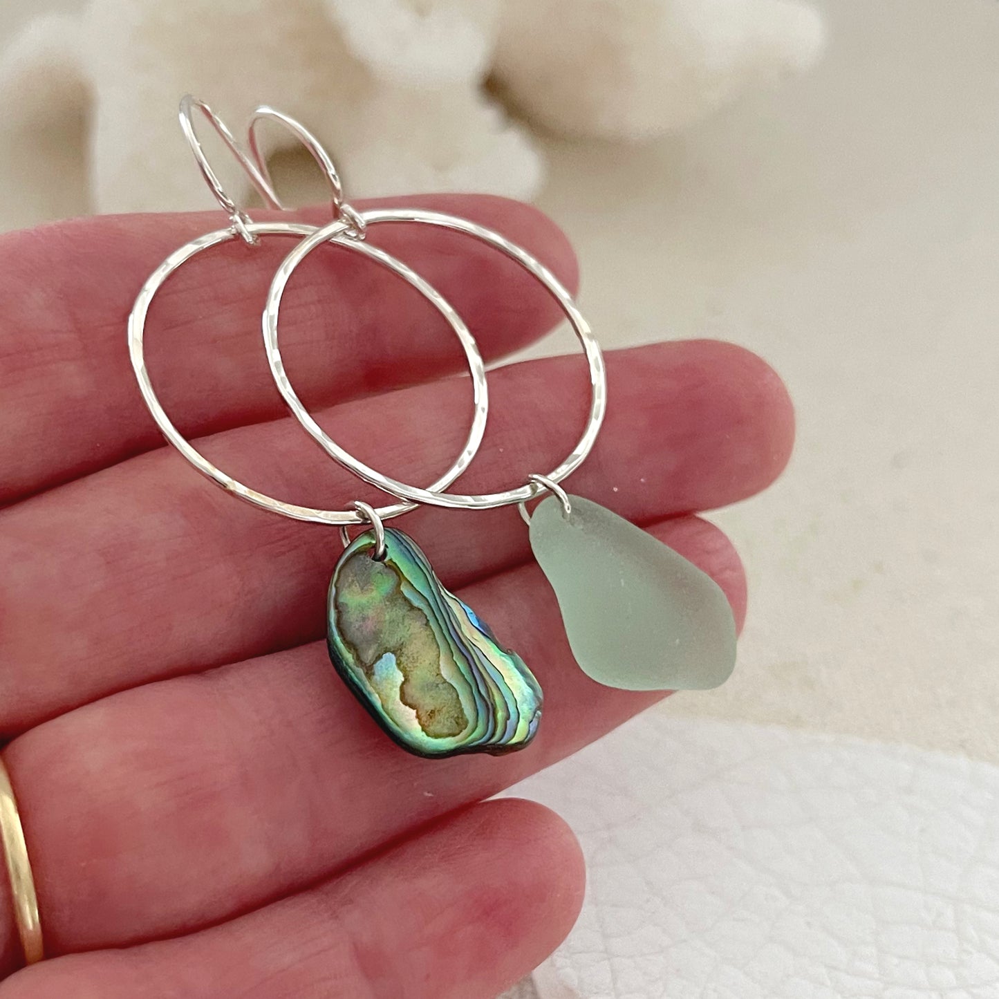 Sterling Silver Seaglass Abalone Shell Mismatched Hoop Earrings