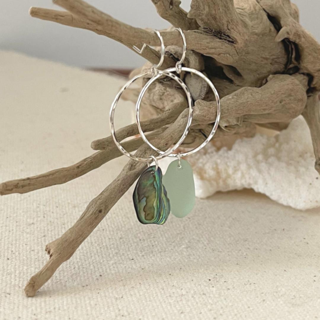 Sterling Silver Seaglass Abalone Shell Mismatched Hoop Earrings