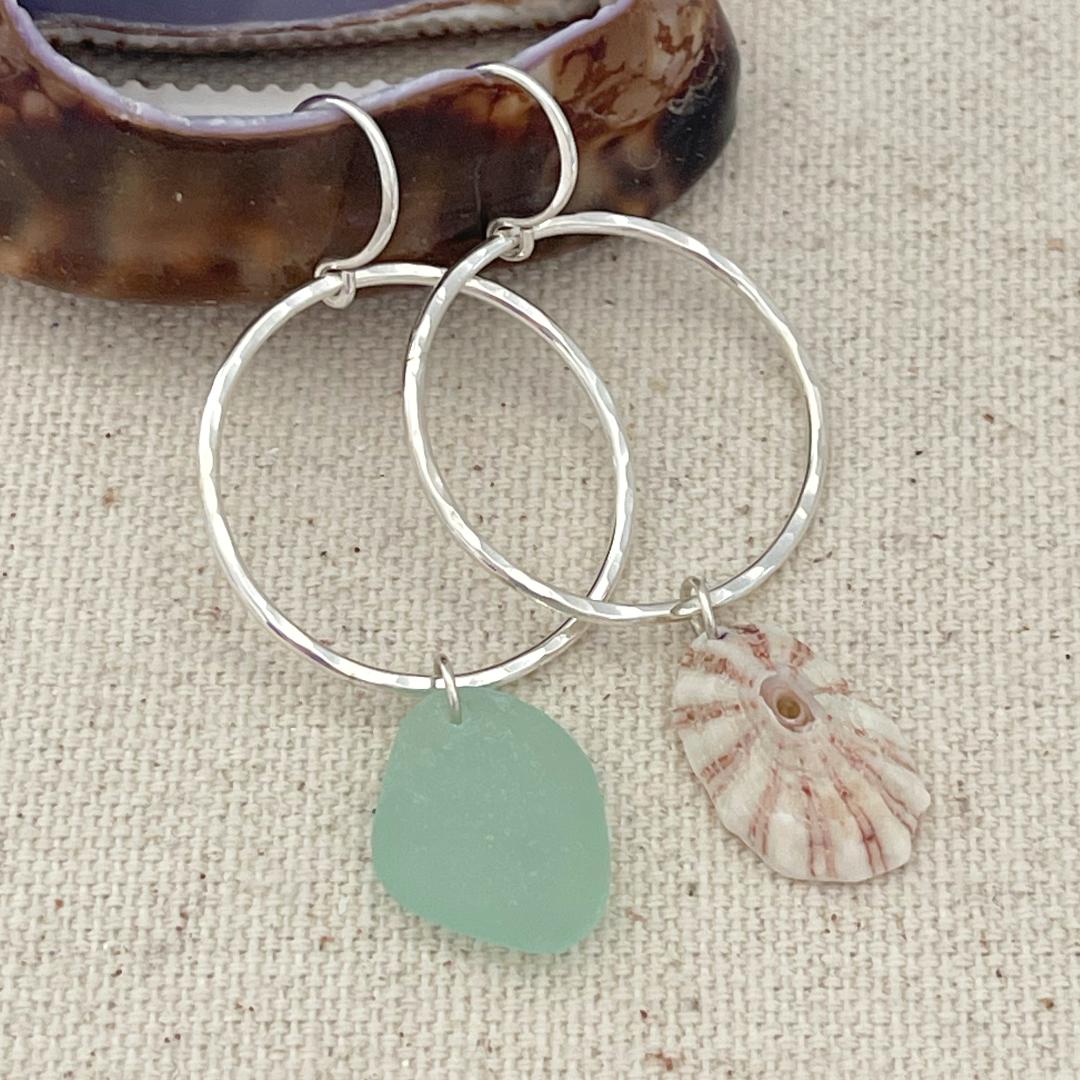 Sterling Silver Mismatched Hoop Earrings with Seafoam Seaglass and Shell Dangles